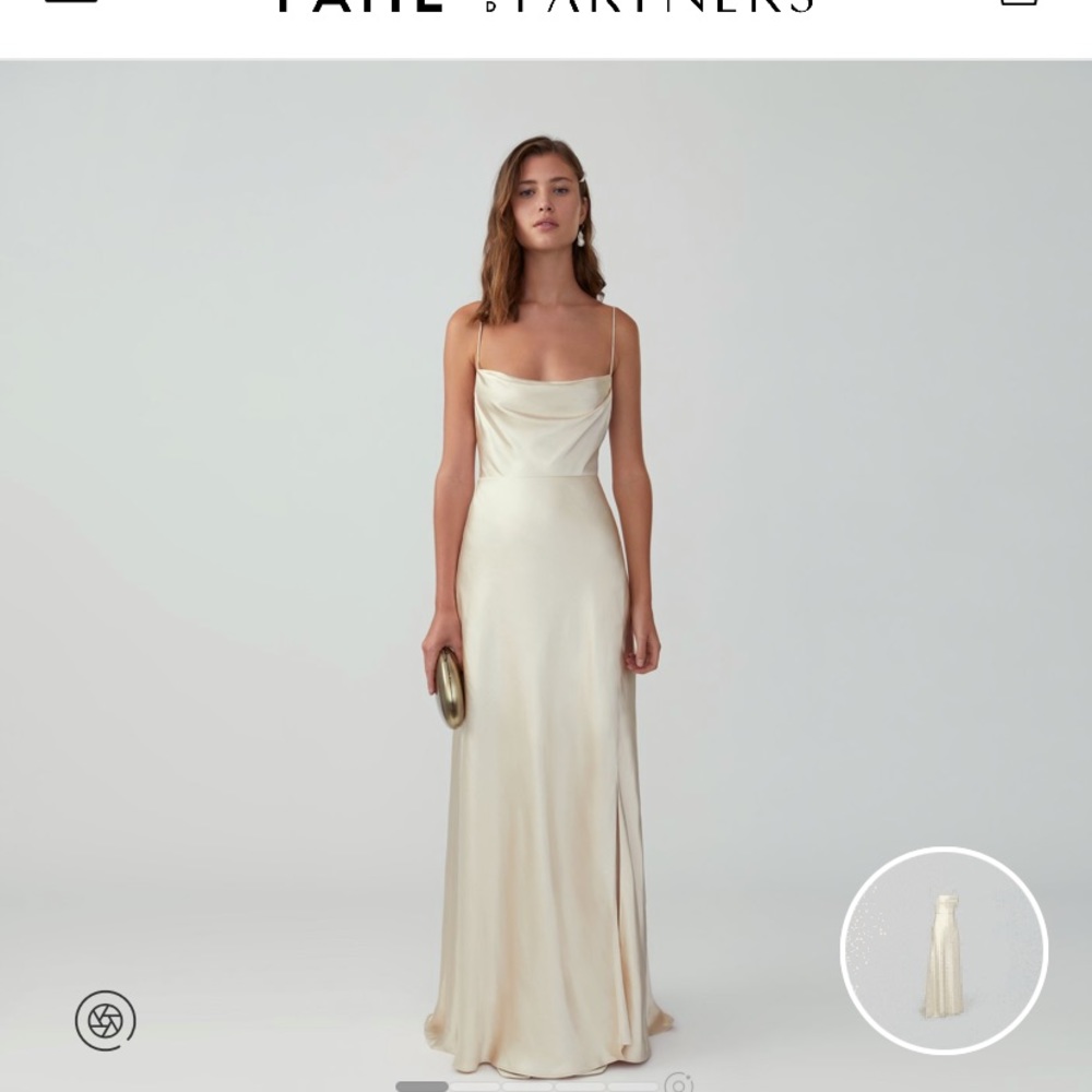 Size 4; Satin Champagne Strappy Draped Gown with adjustable straps;